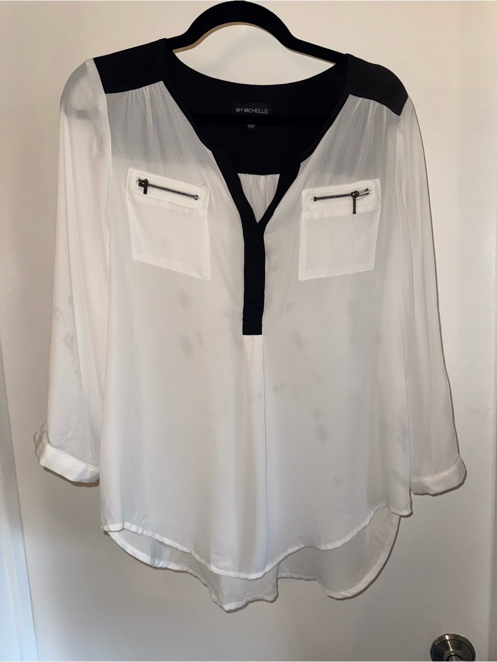My Michelle Black-Trim White Blouse with Zip Pockets